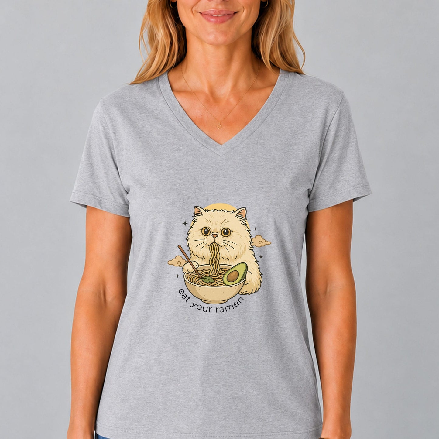 Cat Eating Vegan Ramen V-Neck T-Shirt