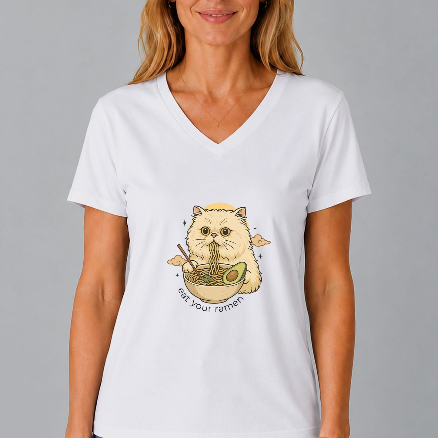 Cat Eating Vegan Ramen V-Neck T-Shirt