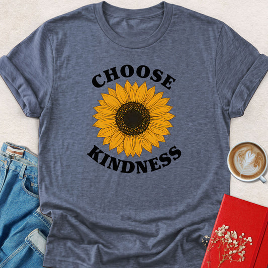 Heather blue T-shirt with sunflower graphic and 'Choose Kindness' text