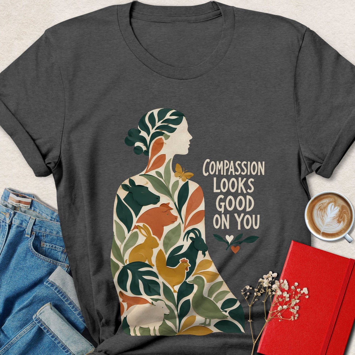 Compassion Looks Good on You Botanical Vegan Animal Rights T-Shirt