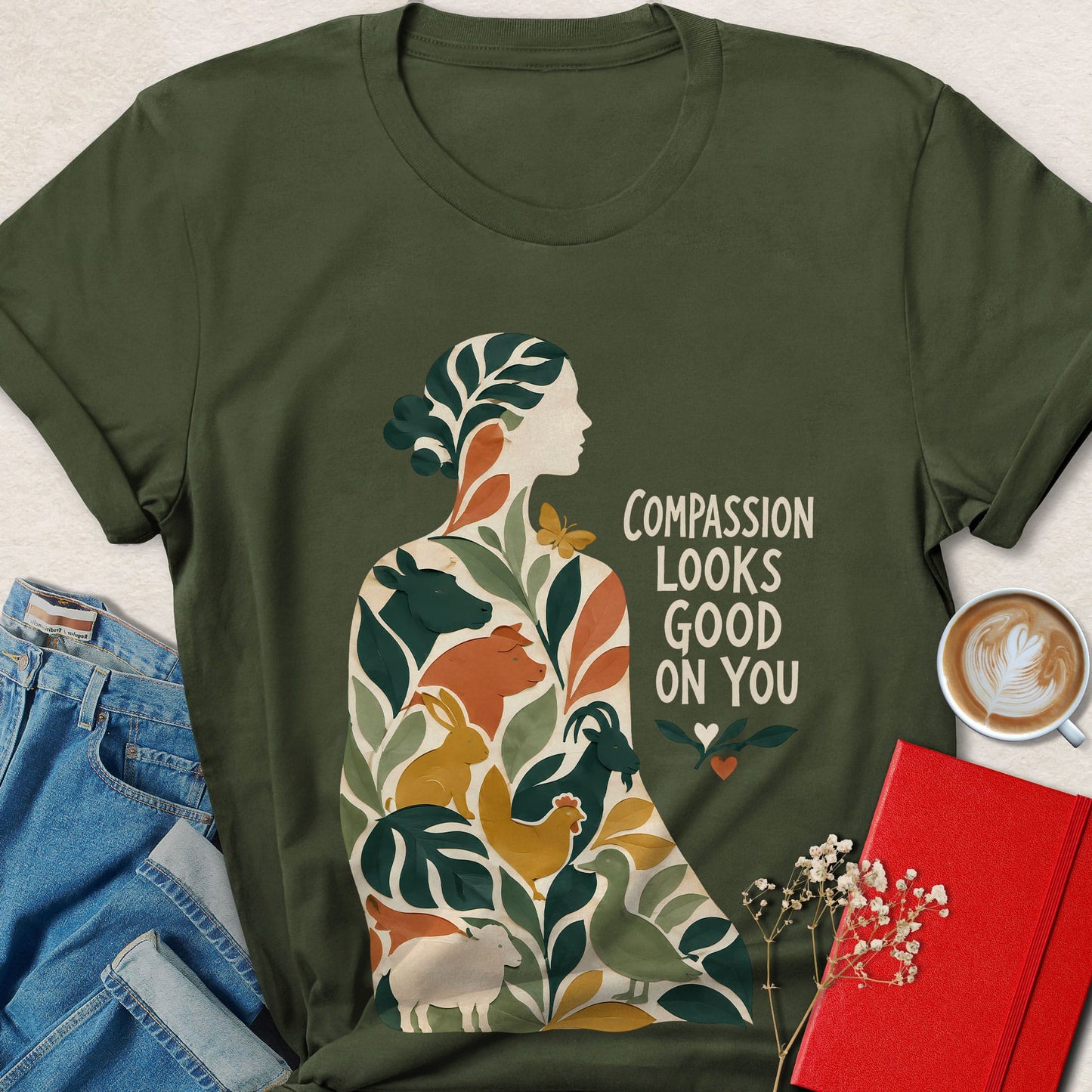 Compassion Looks Good on You Botanical Vegan Animal Rights T-Shirt