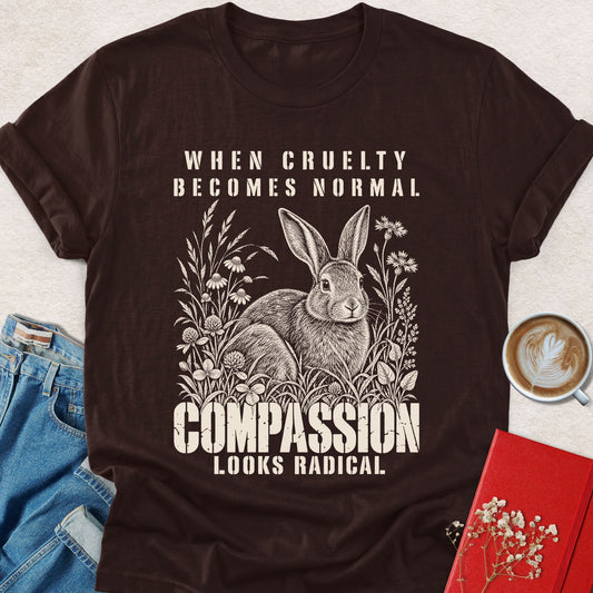 Dark chocolate graphic rabbit t-shirt with floral 'Compassion looks radical' print