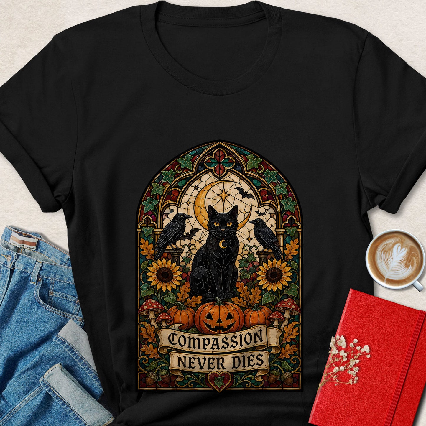 Compassion Never Dies Cat Vegan Halloween T-Shirt