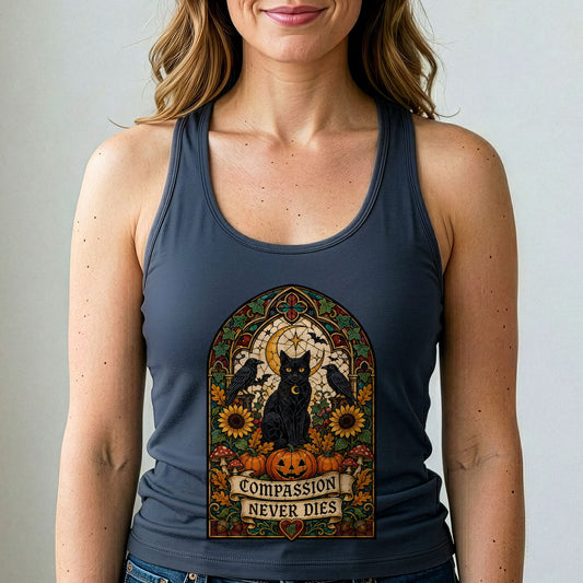 Indigo Halloween tank top with cat graphic and "Compassion Never Dies" text