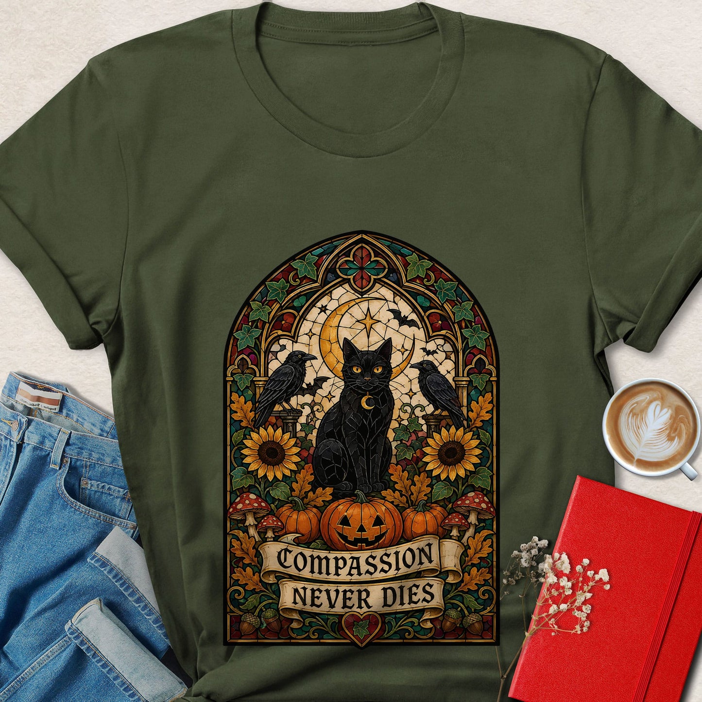 Compassion Never Dies Cat Vegan Halloween T-Shirt