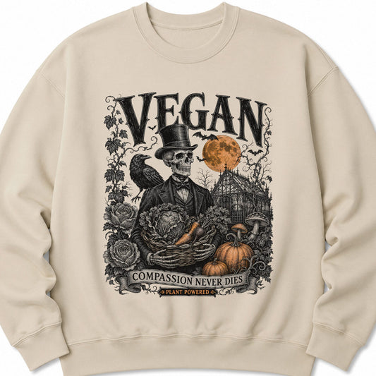 Sand Halloween vegan sweatshirt with skull, Vegan title, and floral graphic