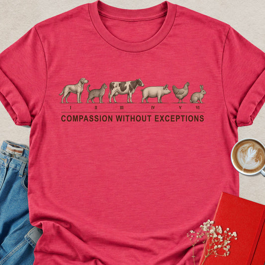 Heather red crewneck t-shirt with animal graphic and Compassion Without Exceptions lettering