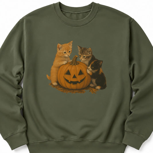 Military green sweatshirt with kitten jack-o'-lantern graphic