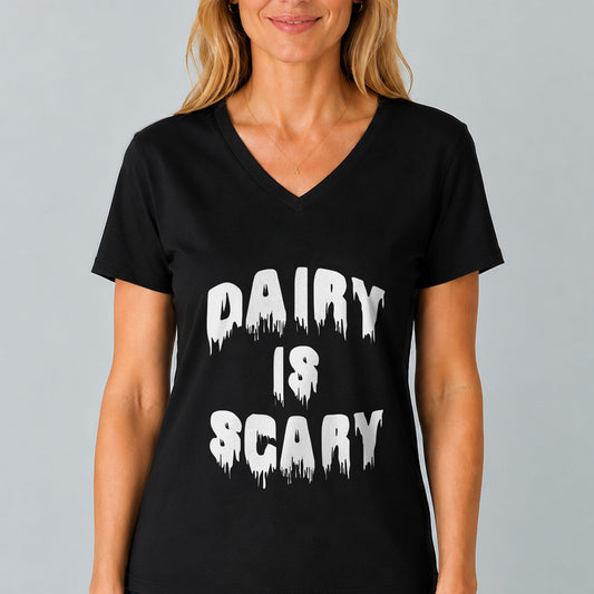 Black women's V-neck T-shirt with 'DAIRY IS SCARY' graphic