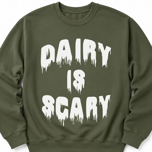 Military green sweatshirt with white 'DAIRY' 18 'SCARY' graphic