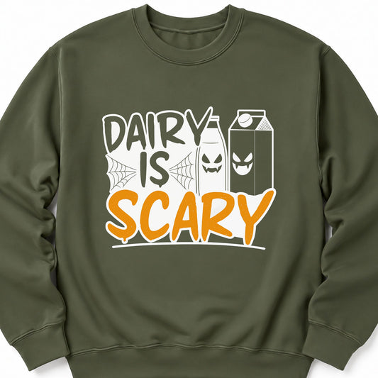 Military green Halloween sweatshirt with Dairy Is Scary graphic and cartoon mask faces