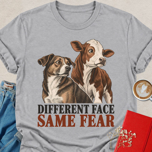 Heather gray T-shirt with two dogs graphic and 'Different Face Same Fear' lettering.