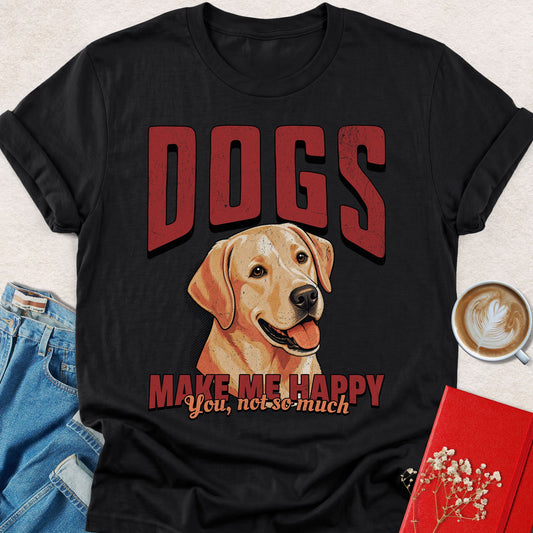 Dogs-themed T-shirt in black with dog graphic and “DOGS / MAKE ME HAPPY” print