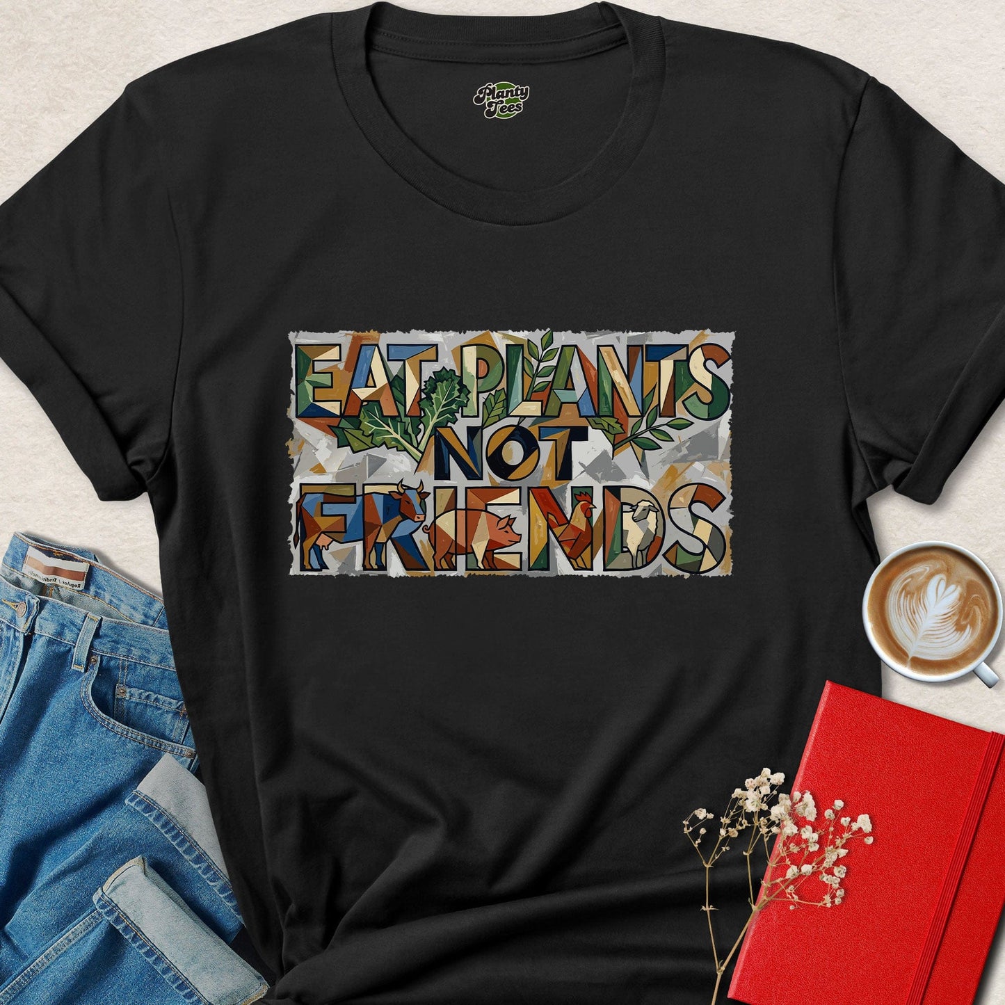 Eat Plants Not Friends, Cubist Vegan Plant-Based Graphic Tee
