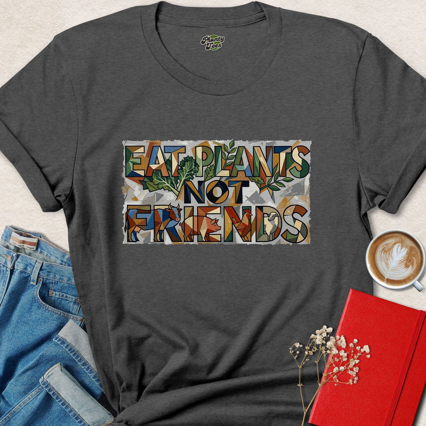 Eat Plants Not Friends, Cubist Vegan Plant-Based Graphic Tee