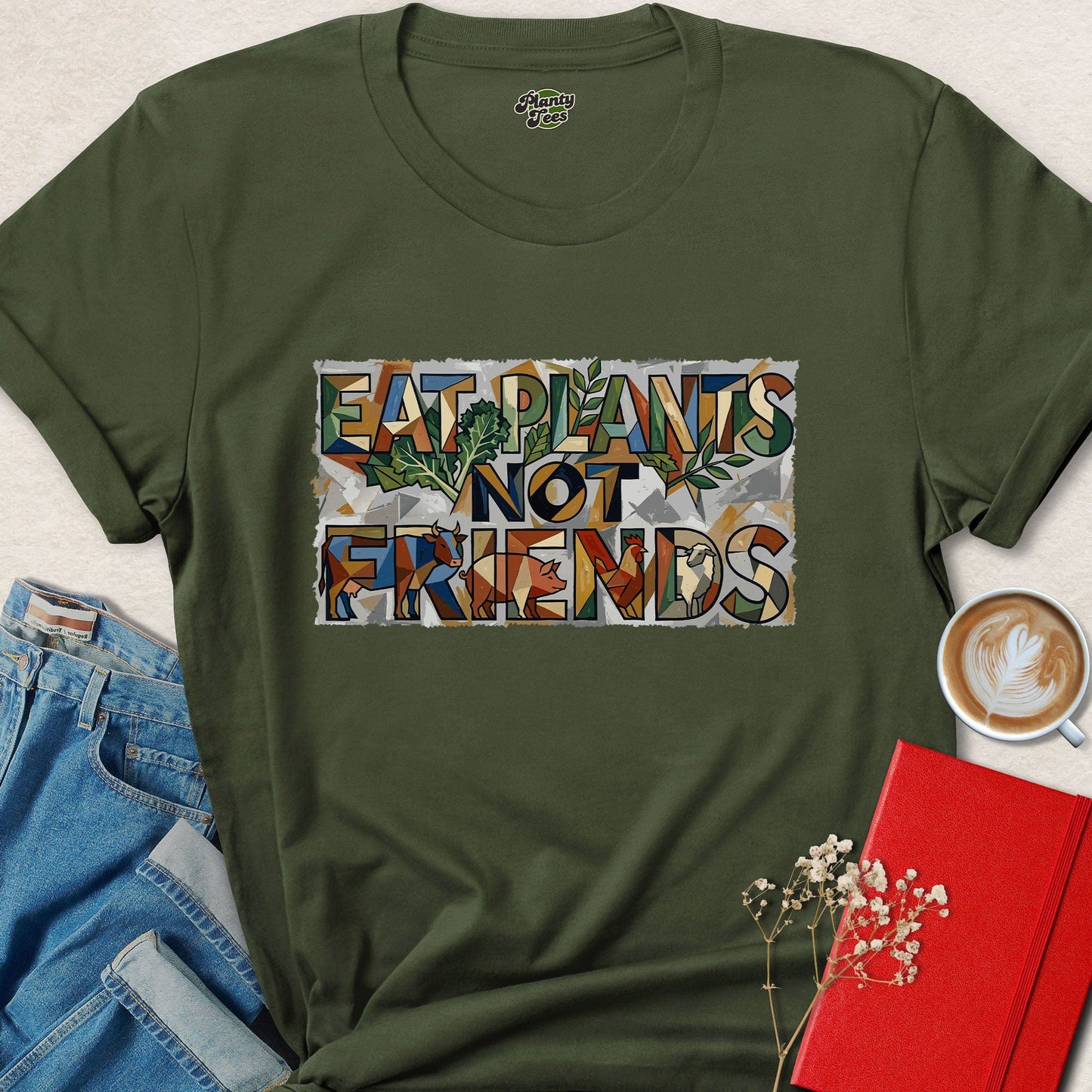 Eat Plants Not Friends, Cubist Vegan Plant-Based Graphic Tee
