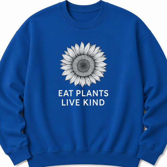 Blue crewneck sweatshirt with flower graphic and "EAT PLANTS LIVE KIND" text