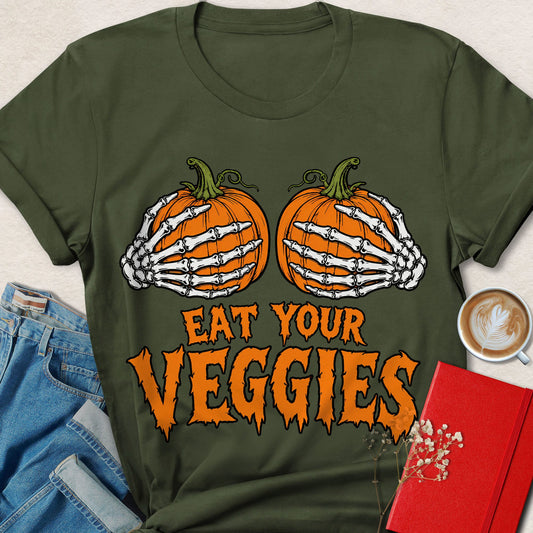 Military green Halloween T-shirt with orange pumpkin skeleton graphic: "EAT YOUR VEGGIES"