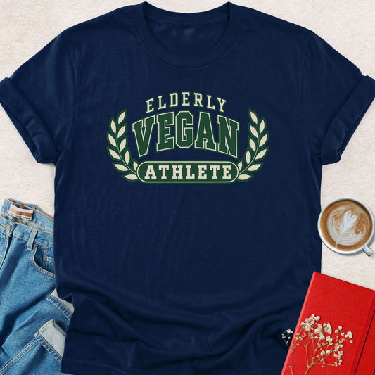 Navy crewneck t-shirt with green laurel 'Elderly Vegan Athlete' graphic
