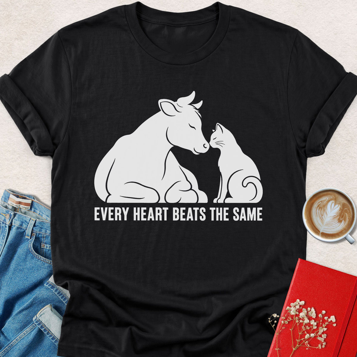 Black T-shirt with bull and heart graphic, crew neck short sleeves