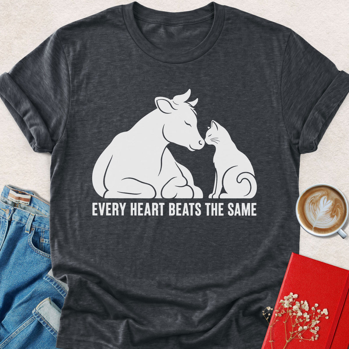 Dark gray heather T-shirt with bull and heart graphic, crew neck short sleeves
