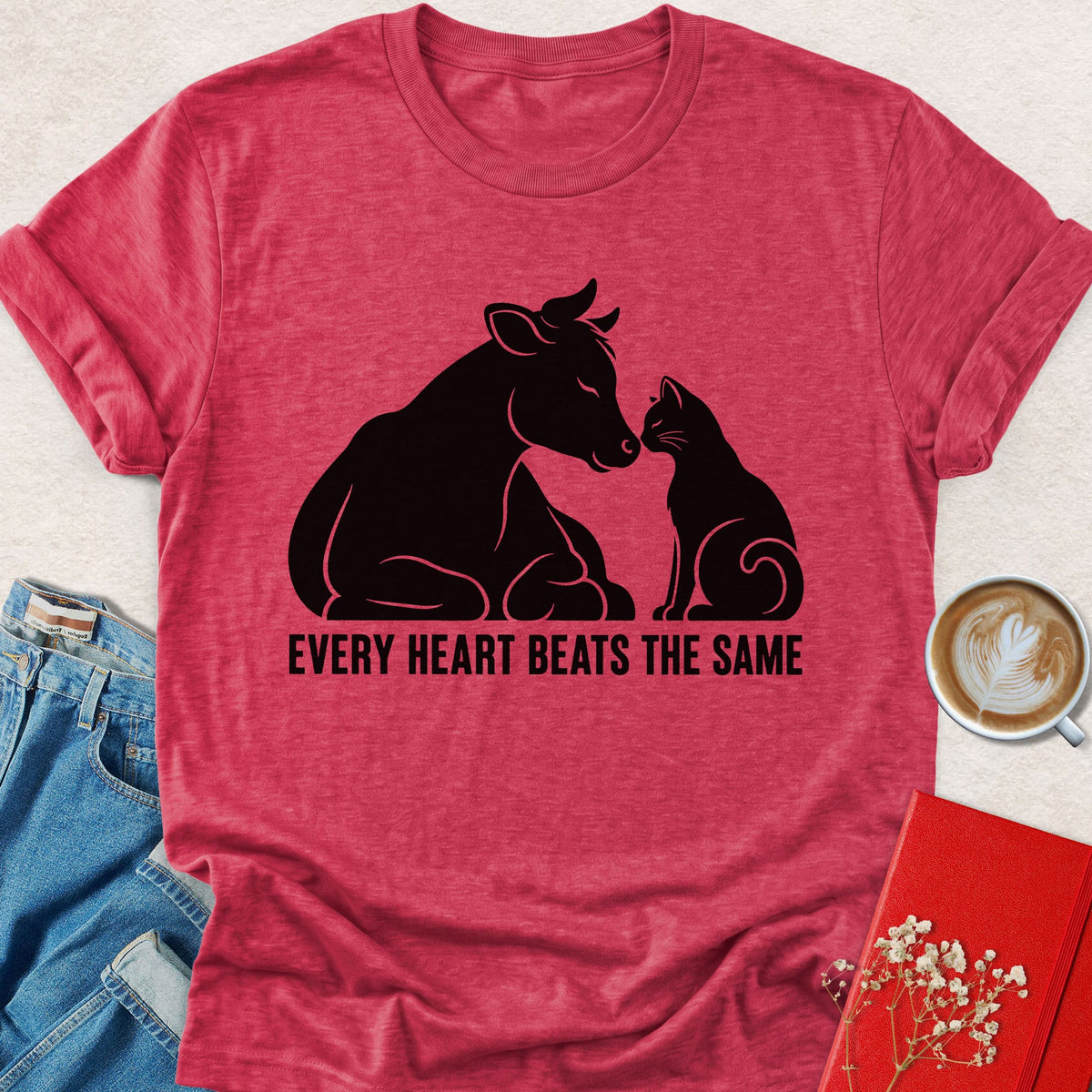 Red heather T-shirt with bull and heart graphic, crew neck short sleeves