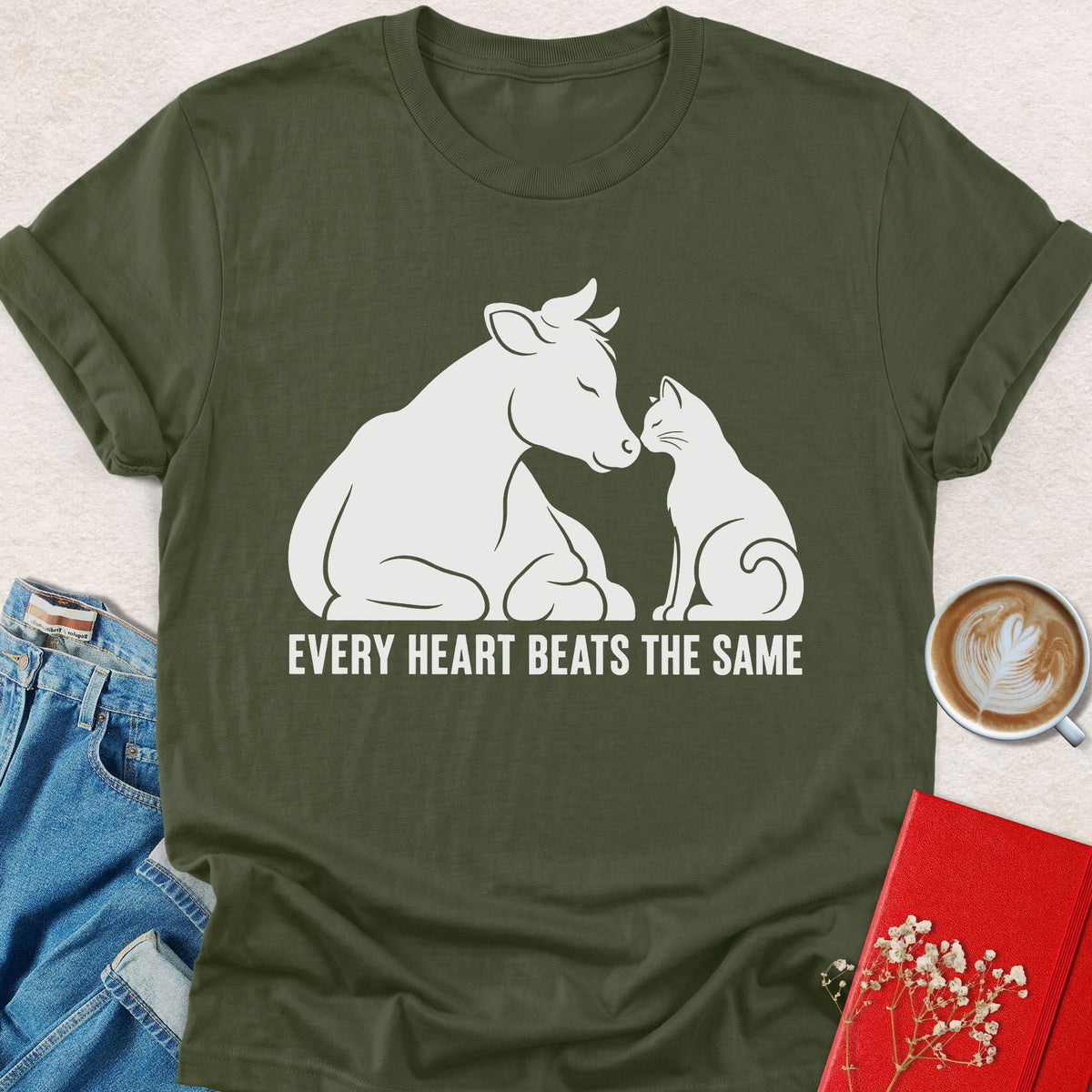 Olive green T-shirt with bull and heart graphic, crew neck short sleeves