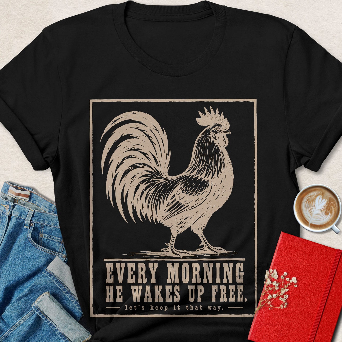 Wakes Up Free Rooster Vintage Poster T-shirt