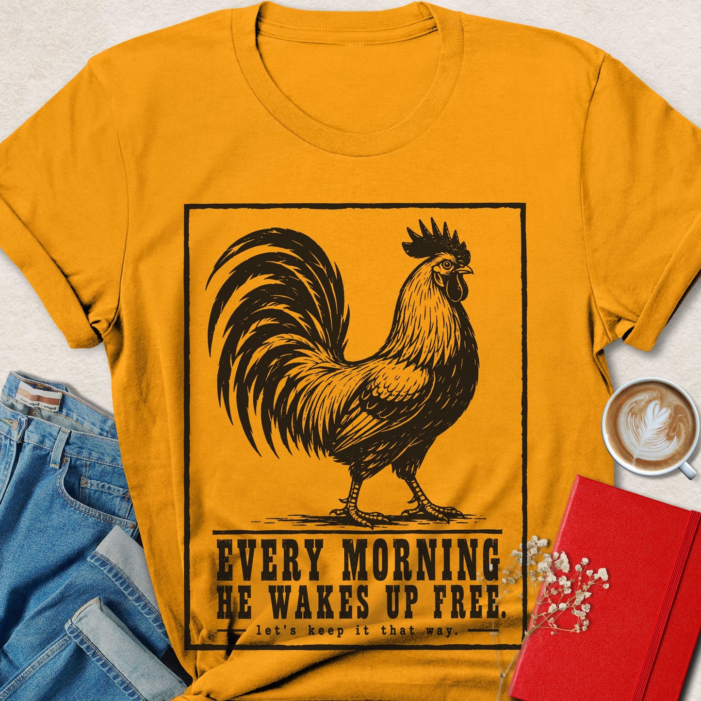 Wakes Up Free Rooster Vintage Poster T-shirt