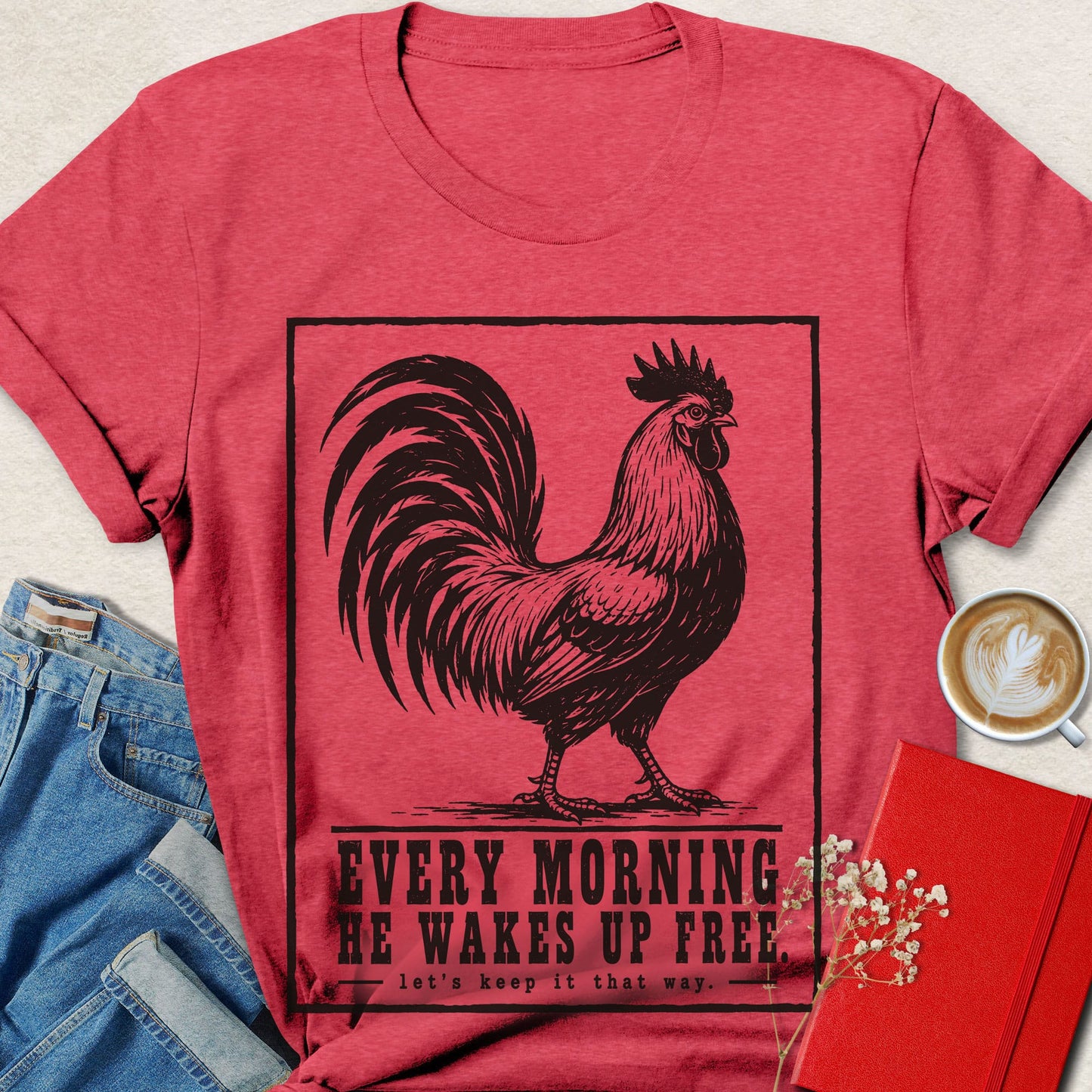Wakes Up Free Rooster Vintage Poster T-shirt