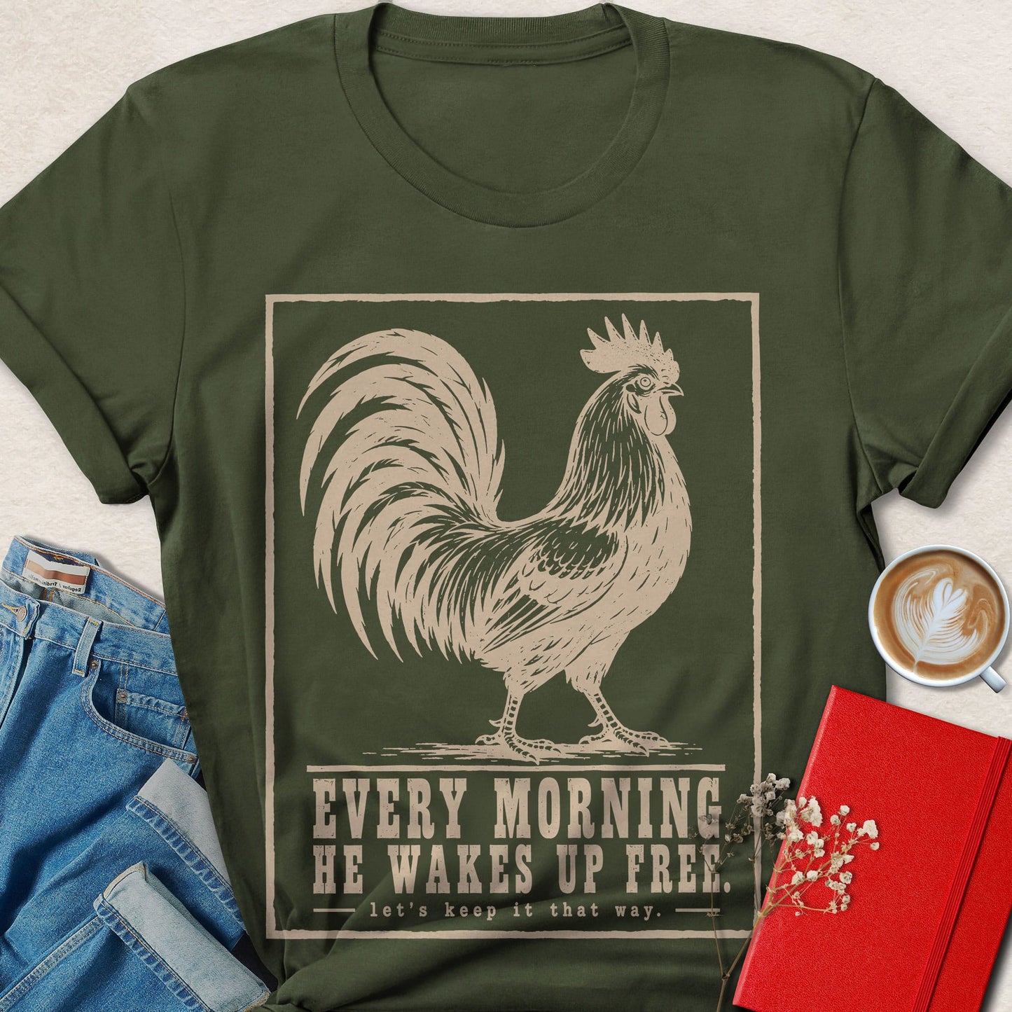 Wakes Up Free Rooster Vintage Poster T-shirt