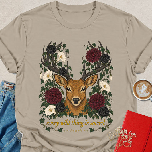 Sand T-shirt with deer head and floral wreath front graphic