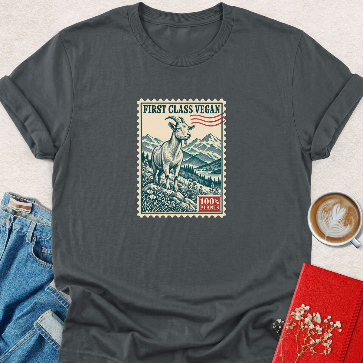 Charcoal crew-neck short-sleeve t-shirt with rectangular goat stamp graphic