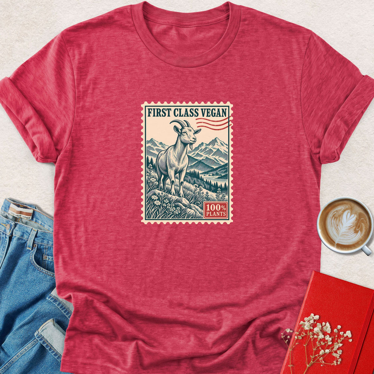 Red crew-neck short-sleeve t-shirt with rectangular goat stamp graphic