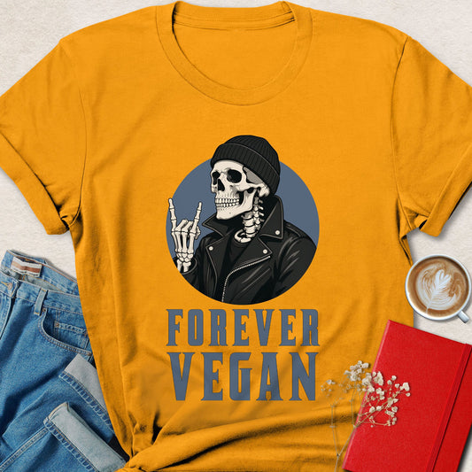Gold vegan skeleton T-shirt with 'FOREVER VEGAN' text and skull in hat graphic