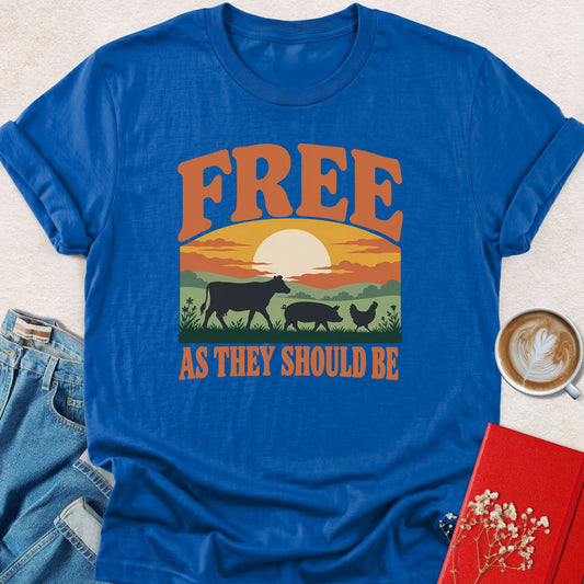 Royal blue T-shirt with 'FREE' animal landscape graphic, crew neck short sleeves