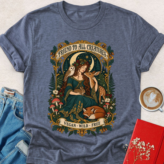 Heather indigo crewneck T-shirt with 'Friend to All Creatures' art graphic