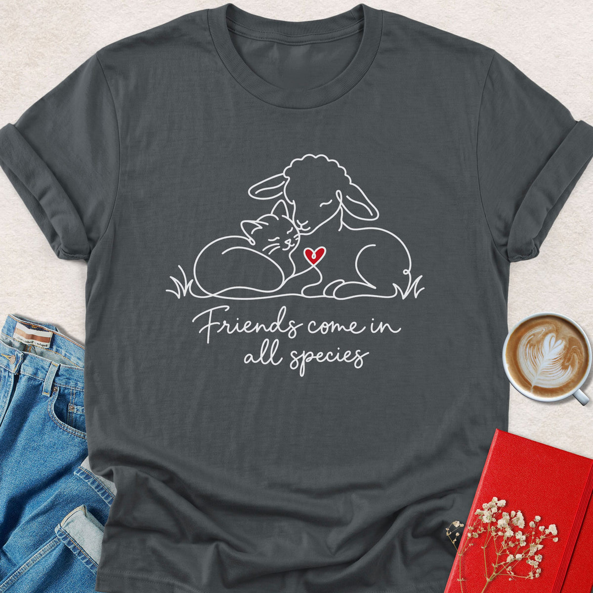 Charcoal T-shirt with animal friends graphic and "Friends come in all species" text on front.