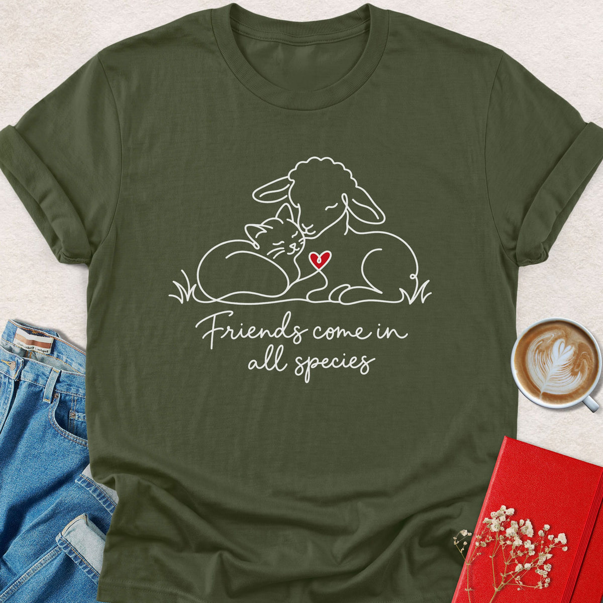 Military green T-shirt with animal friends graphic and "Friends come in all species" text on front.