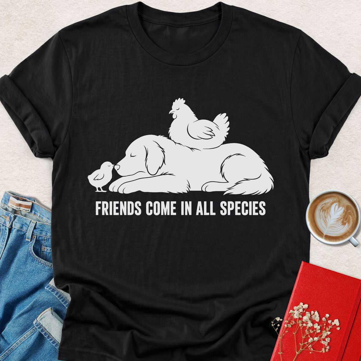 Black T-shirt with white animal graphic and text