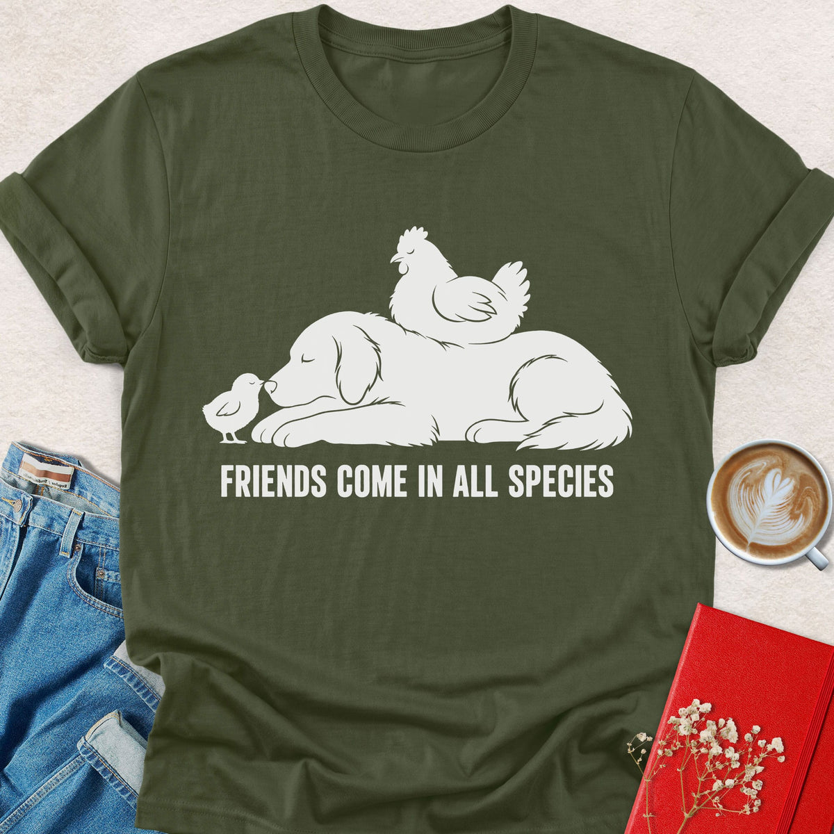 Olive green T-shirt with white animal graphic and text