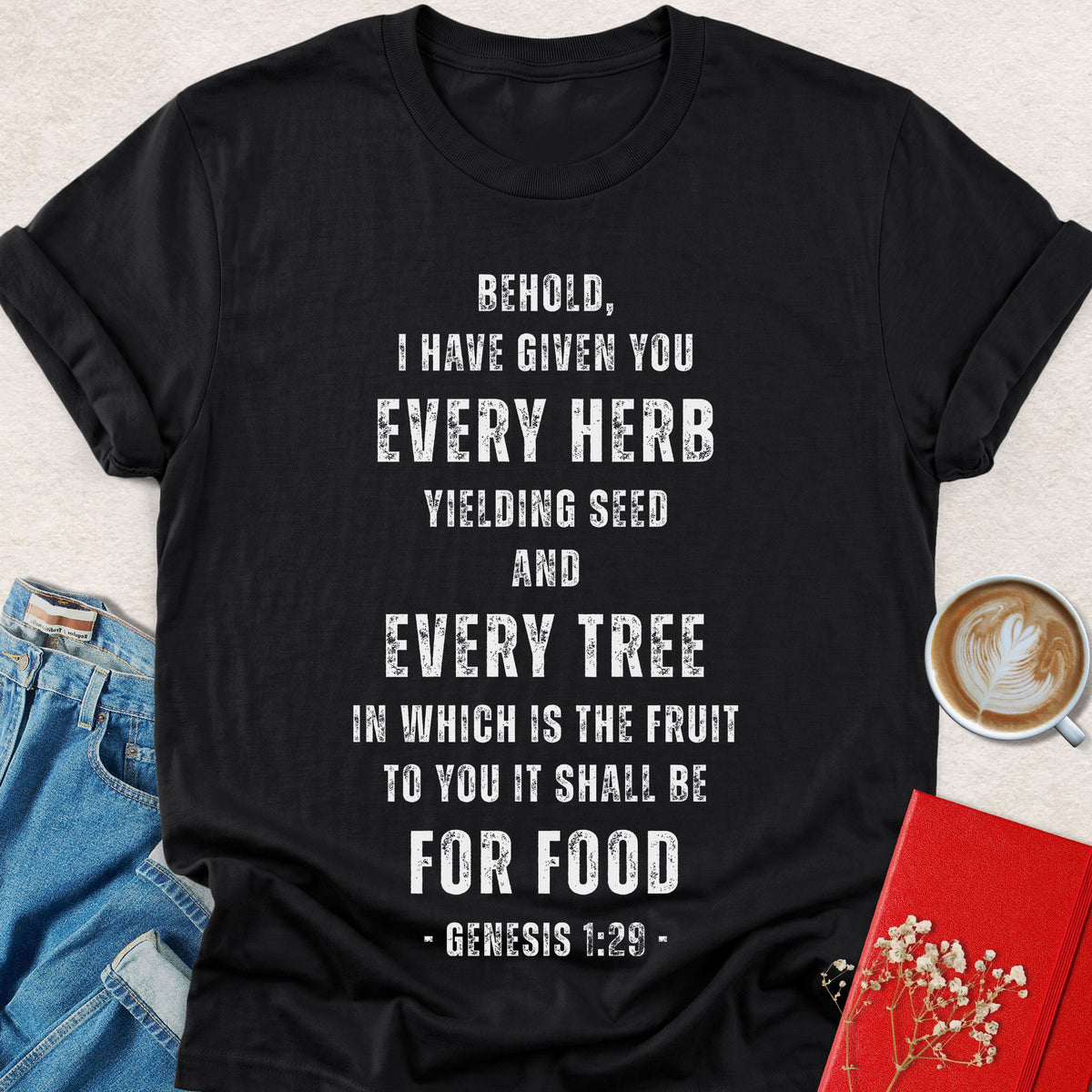 Distressed typography T-shirt in black, crewneck with bold scripture quote graphic