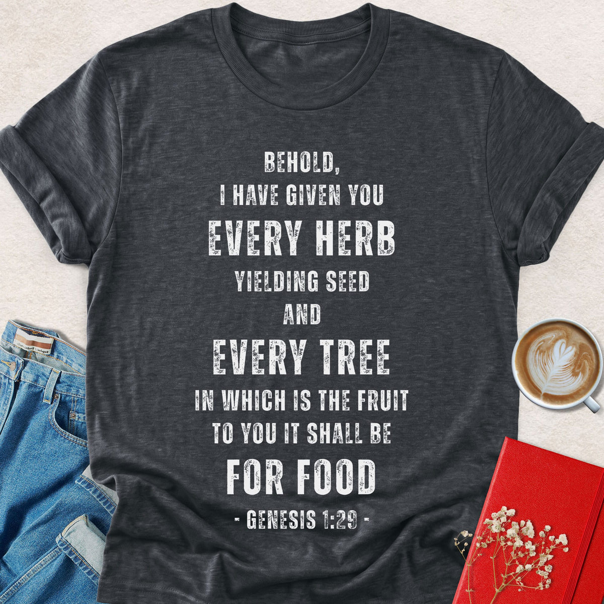 Distressed typography T-shirt in dark gray, crewneck with bold scripture quote graphic
