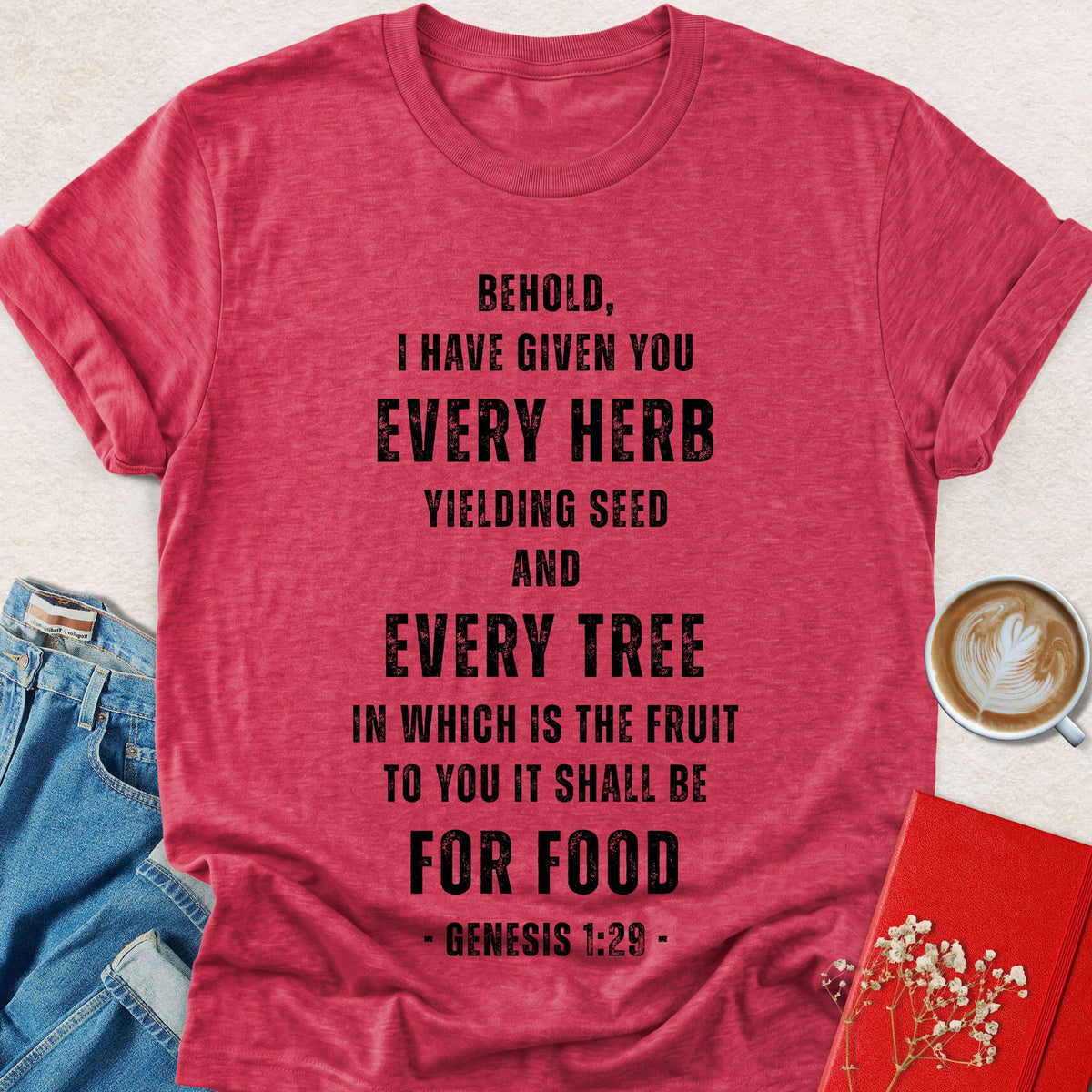 Distressed typography T-shirt in heather red, crewneck with bold quote graphic