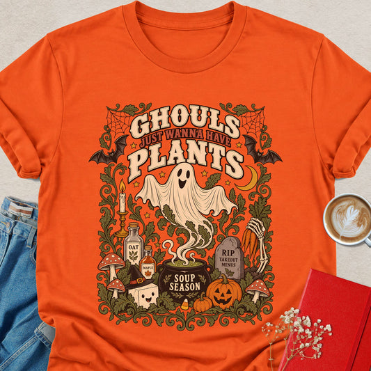 Orange Halloween graphic T-shirt with “Ghouls Just Wanna Have Plants” front print