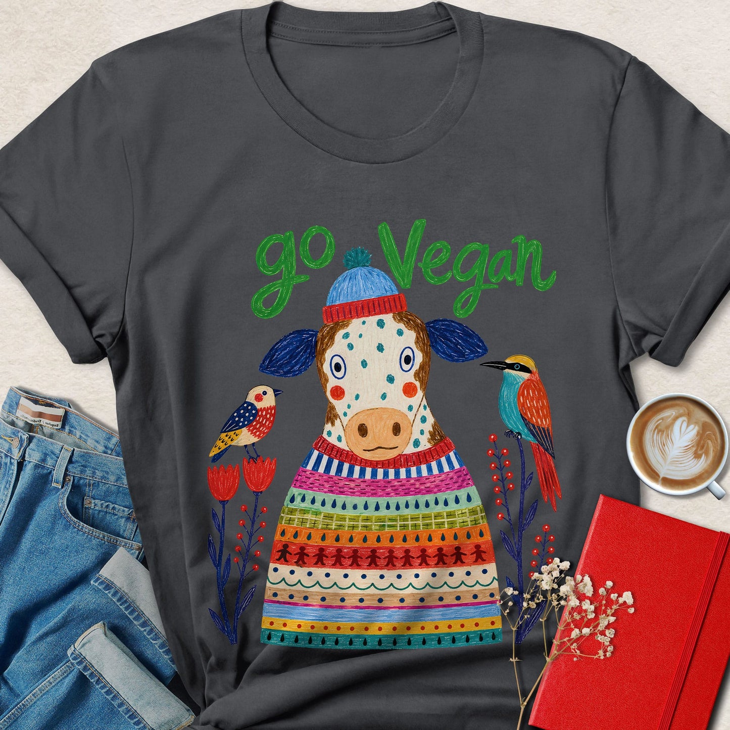 Go Vegan Folk Art Cow T-Shirt