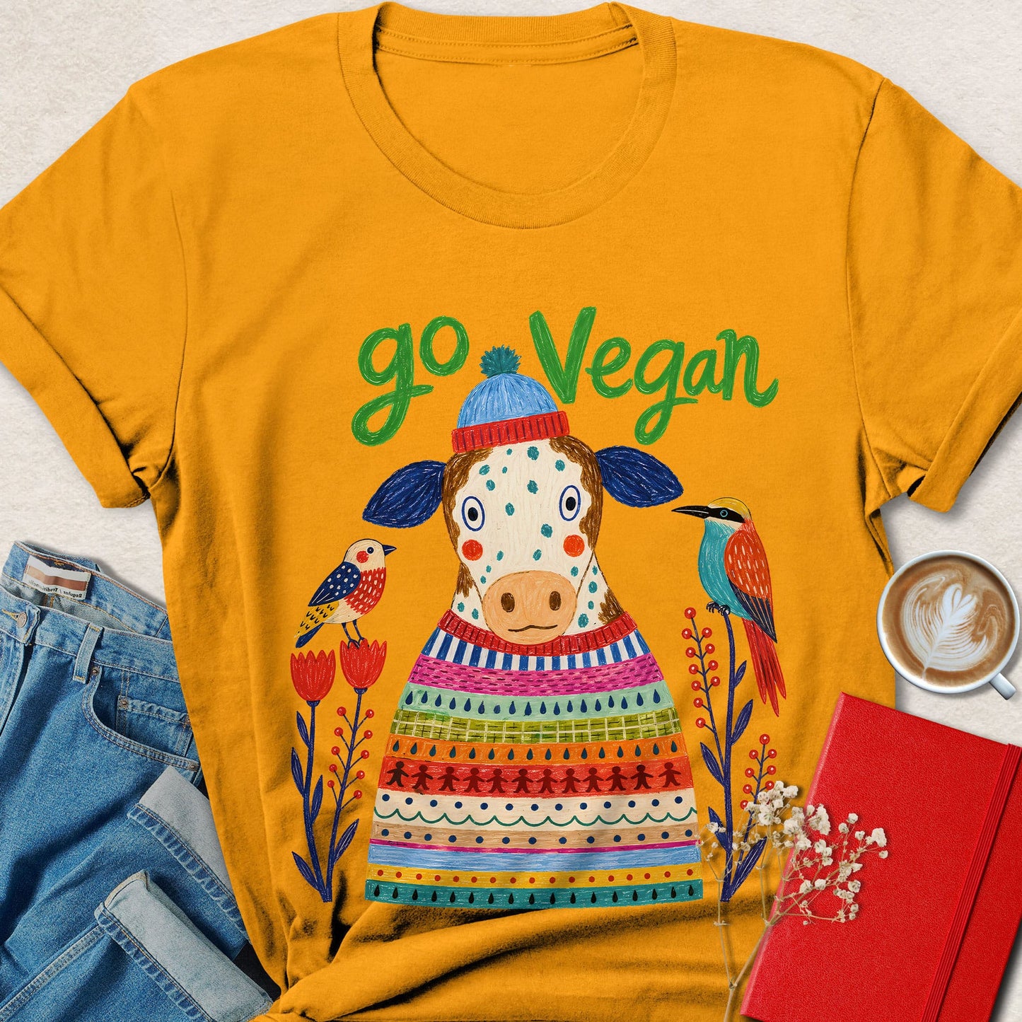 Go Vegan Folk Art Cow T-Shirt