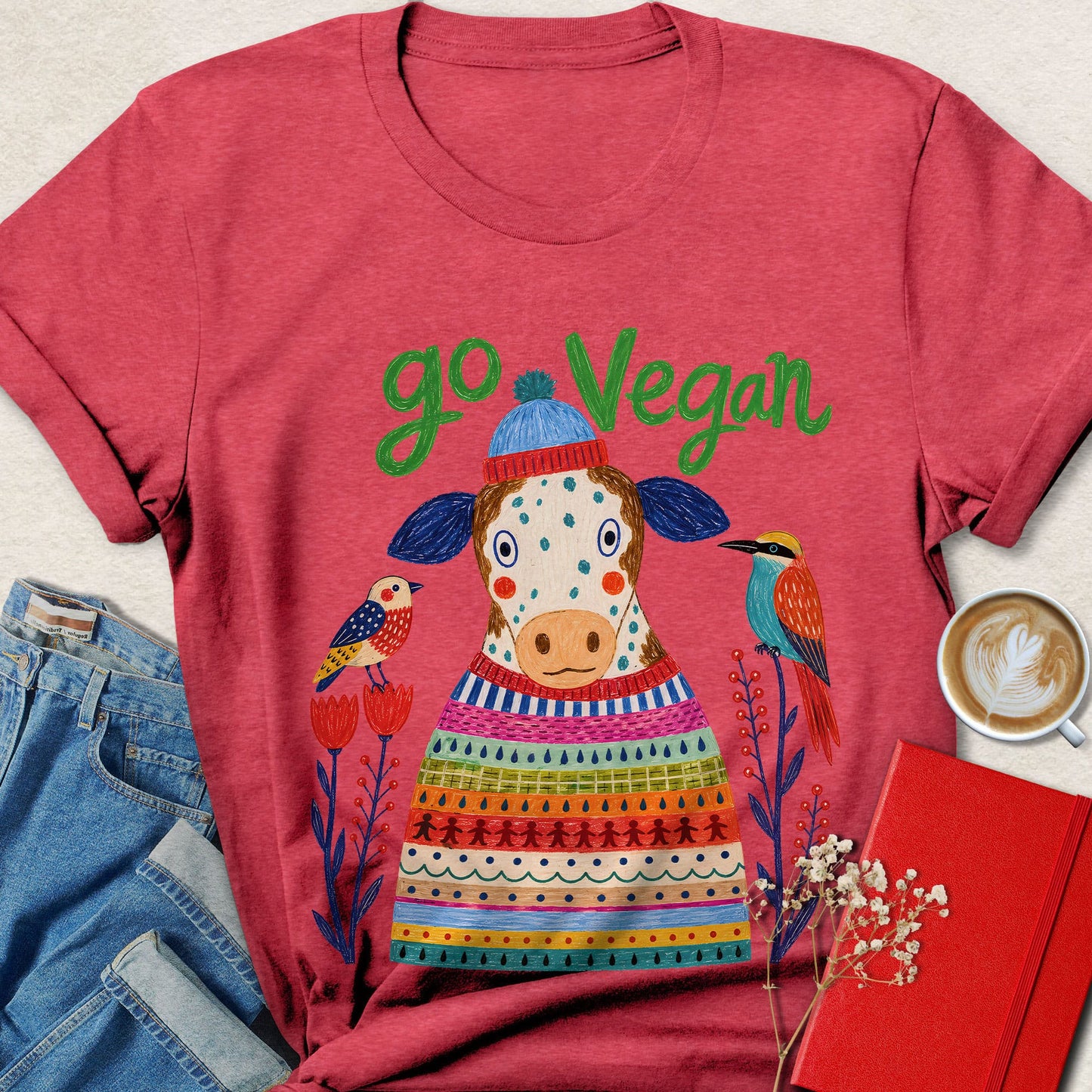 Go Vegan Folk Art Cow T-Shirt