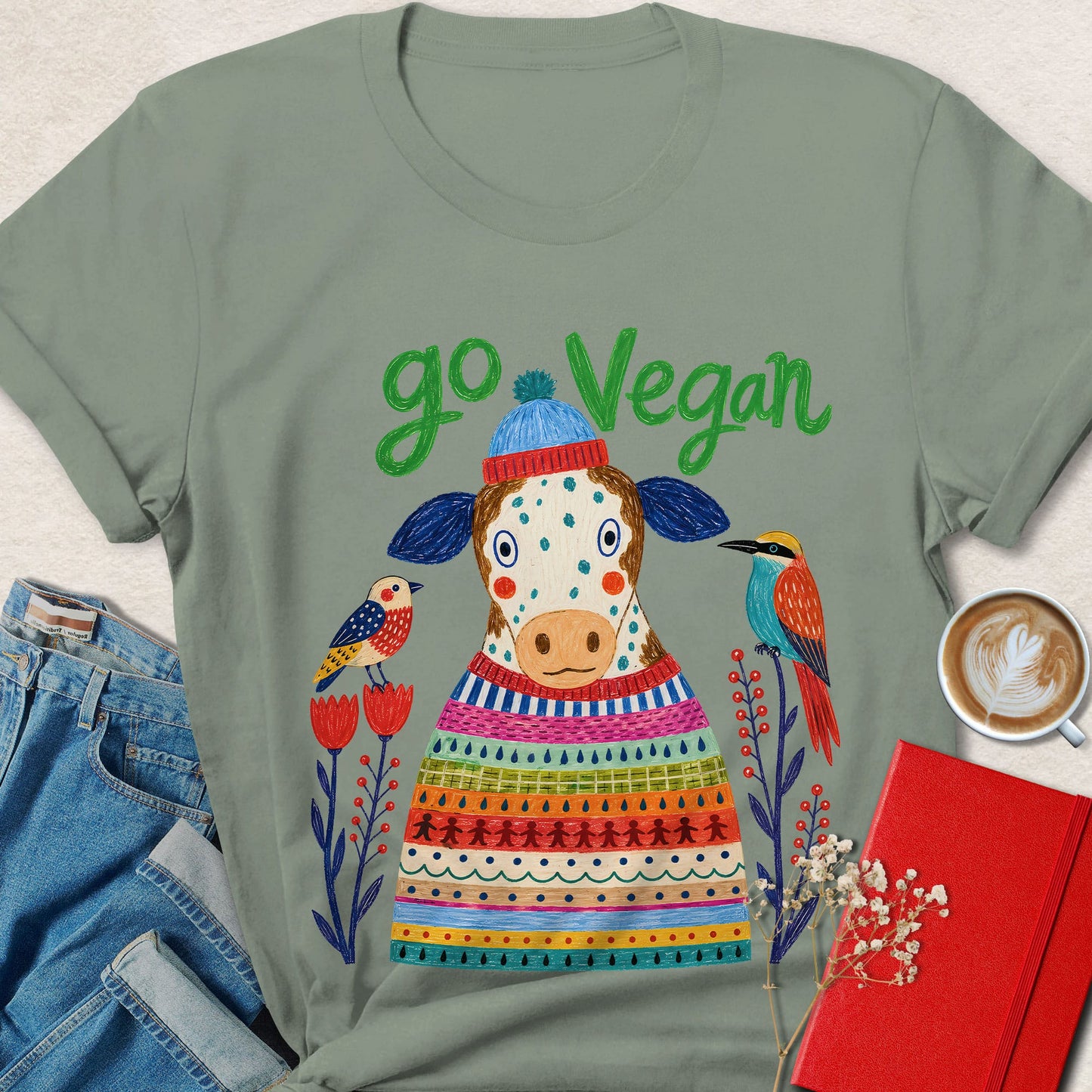 Go Vegan Folk Art Cow T-Shirt