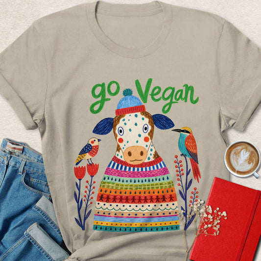 Go Vegan Folk Art Cow T-Shirt